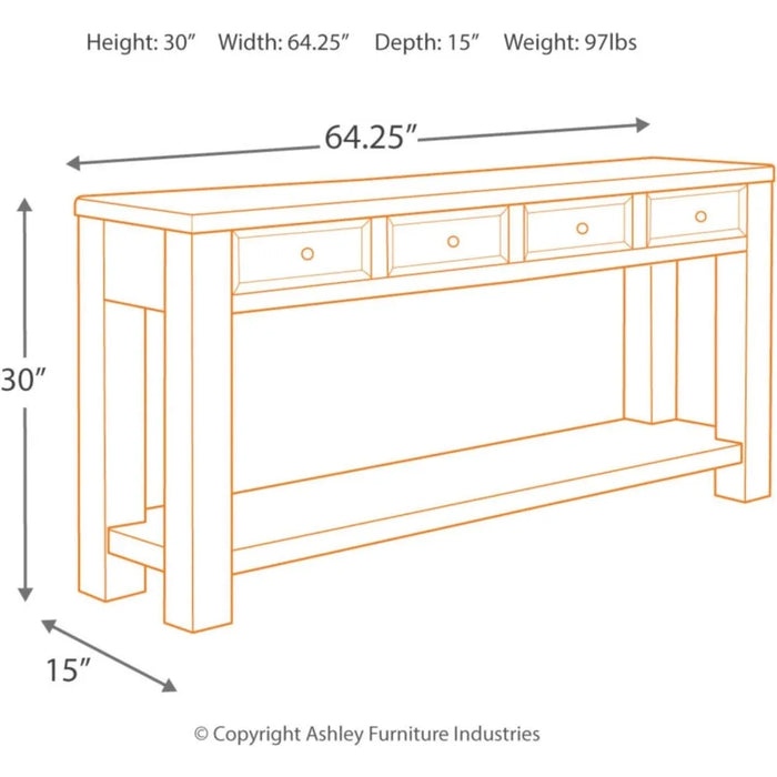 Signature Design by Ashley Gavelston Rustic Sofa Table with 4 Drawers and Lower Shelf, Weathered Black