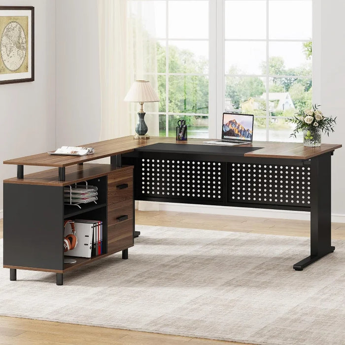 Tribesigns 63 Inch Executive Desk with File Cabinet, Large Office Desk L Shaped Computer Desk with Drawers and Storage Shelves,
