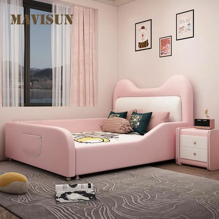 Princess Children Beds Pink Girl Cartoon Cat Creative Single Leather Children Beds Guardrail Cama Infantil Bedroom Furniture