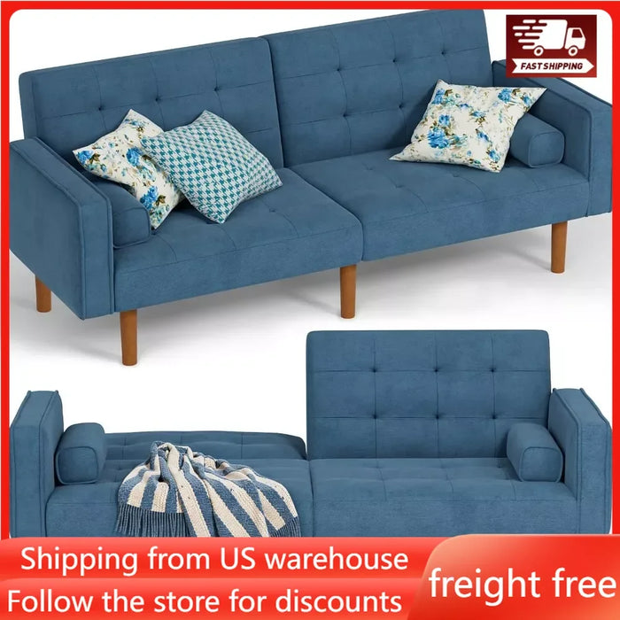 Sofa Bed Convertible Sectional Sleeper Couch, 74" Small Lounge for Living Room, Study and Bedroom, Sea Blue Free Shipping