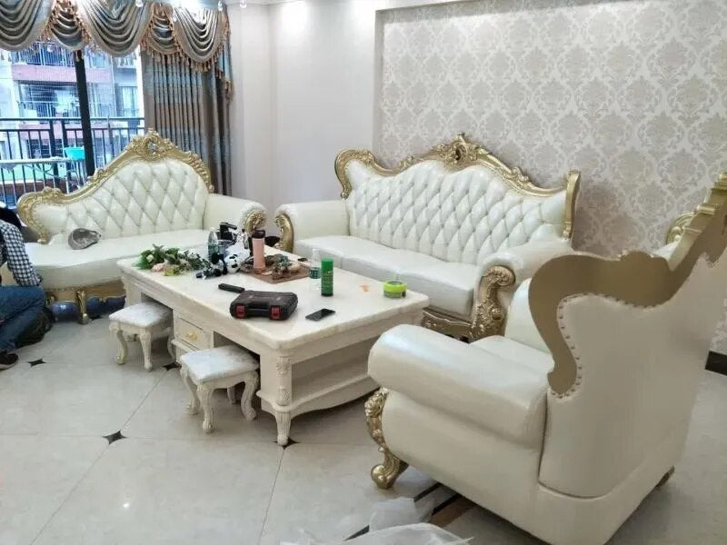 European design classic antique sofas living room furniture set solid wood carved leather couch sofa