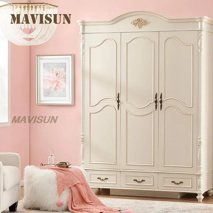 3 Door Light Luxury American Country Style Big Wardrobe Cabinet For Clothes Bedroom Small Apartment Solid Wood Drawer Storage