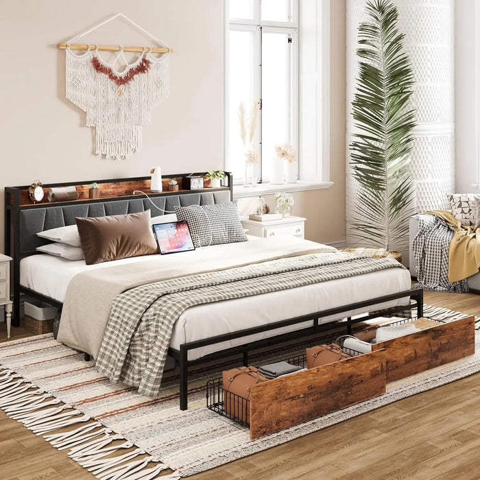 LIKIMIO King Size Bed Frame, Storage Headboard with Charging Station, Platform Bed with Drawers, No Box Spring Needed