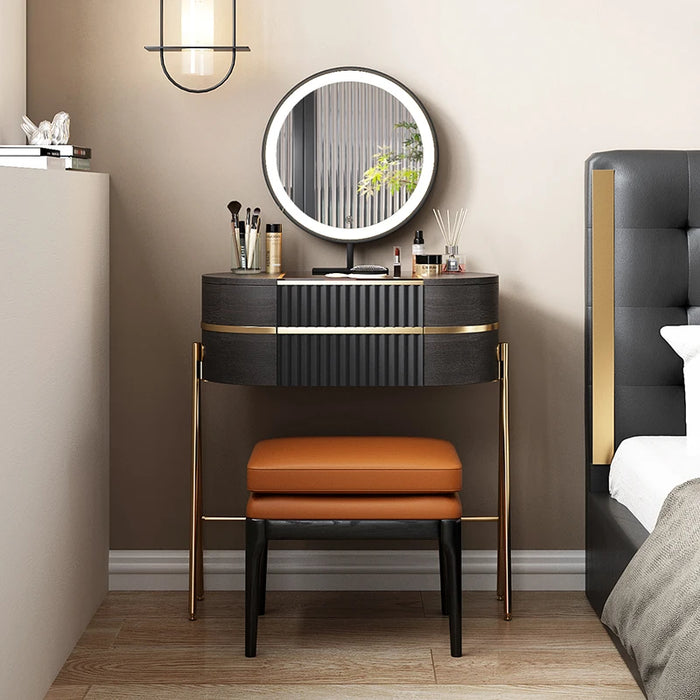 Dressing table,storage dressing table makeup stool set, super storage, LED light makeup mirror, smoky black matte color