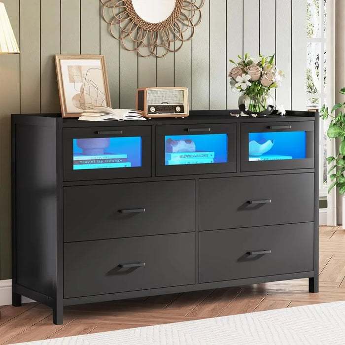 Dresser for Bedroom with 7 Drawers, Chest of Drawers with LED Lights and Metal Handles, Wide Wood Black Dresser