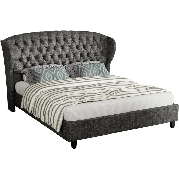 Bed Frame, Linen Curved Upholstered Bed, Headboard with Shell Wingback, Deep Button Tufts, No Springs Required, Queen Bed Frame