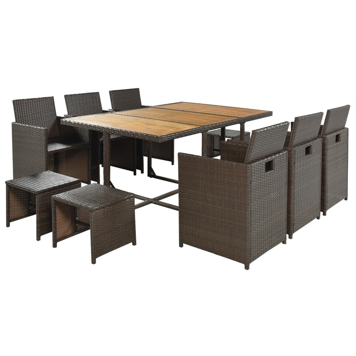 11-Piece Patio Furniture Set Patio All-Weather PE Wicker Dining Table Set with Wood Tabletop for 10 Brown Rattan+Beige Cushion