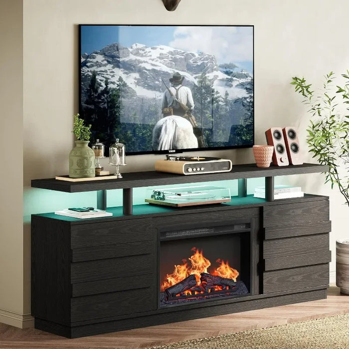Charging Station & LED Light, Accommodates 55/65/75 inch TV, 68" Wood Entertainment Center for Living Room, Bedroom - Black