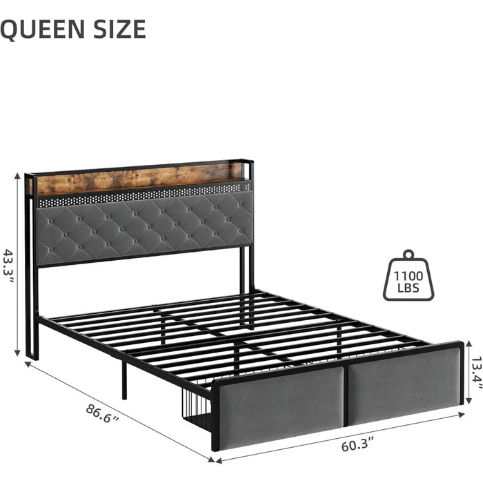 Storage Headboard Bedroom Furniture Noiseless Beds and Furniture for Home Large Bed Frame No Box Spring Required Queen Frames