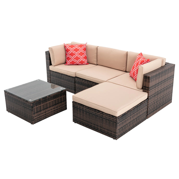 5Pc Patio Furniture Set Outdoor Garden Patio Furniture PE Rattan Wicker Sectional Cushioned Sofa Sets with 2 Pillows and Coffee