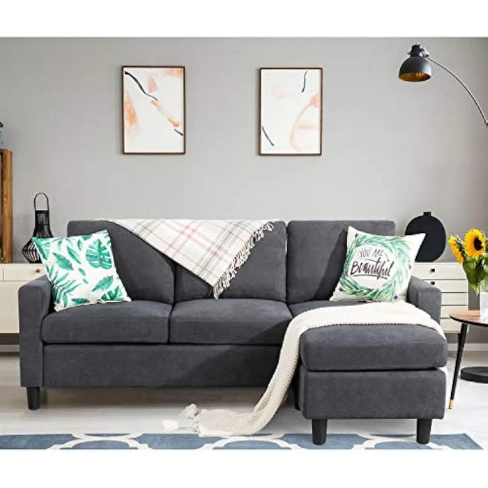 Convertible Sectional Sofa Couch, Modern Linen Fabric L-Shaped , 3-Seat Sofa Sectional with Reversible Chaise  (Dark Grey)