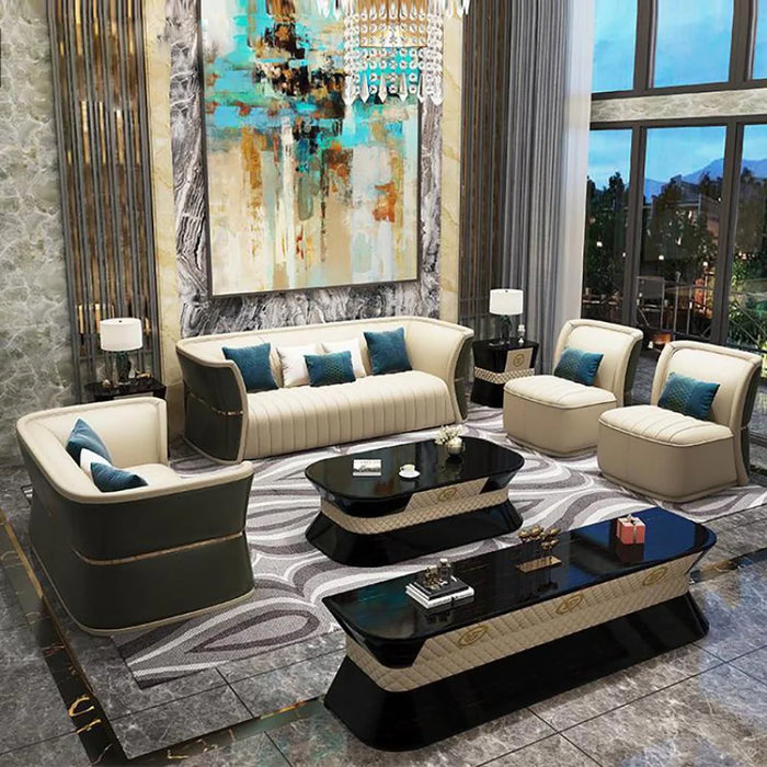 Modern Luxury Leather with Wooden Sofa Set, Leather Couch for Living Room Luxury Sofa