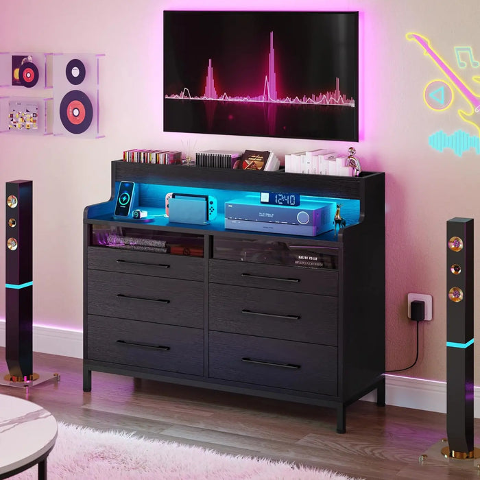 YITAHOME 6 Drawer Dressers & Chests of Drawers with LED Light, Modern Dresser with Open Shelf Storage, Black Vanity