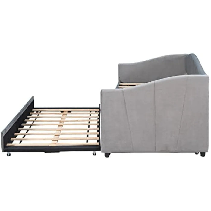 GJHOME Upholstered Daybed Sofa Bed Twin Size with Trundle Bed and Wood Slat,Gray