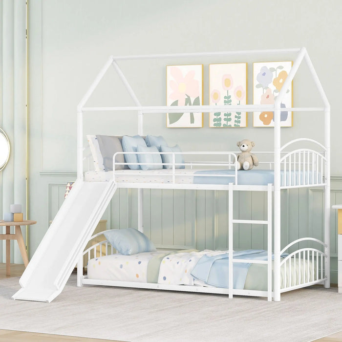 Twin Over Twin Metal Bunk Bed With Slide,Kids House Bed