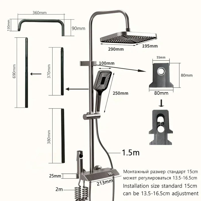 Bathroom Brass Shower System Full Set Grey Rain Showers Hot Cold Bathtub Faucet Shower Sets 4 Way Digital Temperature Shower Set