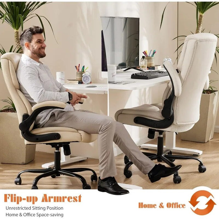 Sweetcrispy Home Office Chair, Ergonomic High Back Heavy Duty Task Chair with Flip-up Arms, PU Leather, Adjustable Swivel Cream