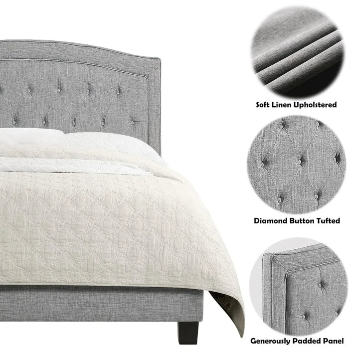 Bedroom furniture upholstered bed, bed with button tufted and adjustable height headboard, bedroom bed, queen bed, natural beige