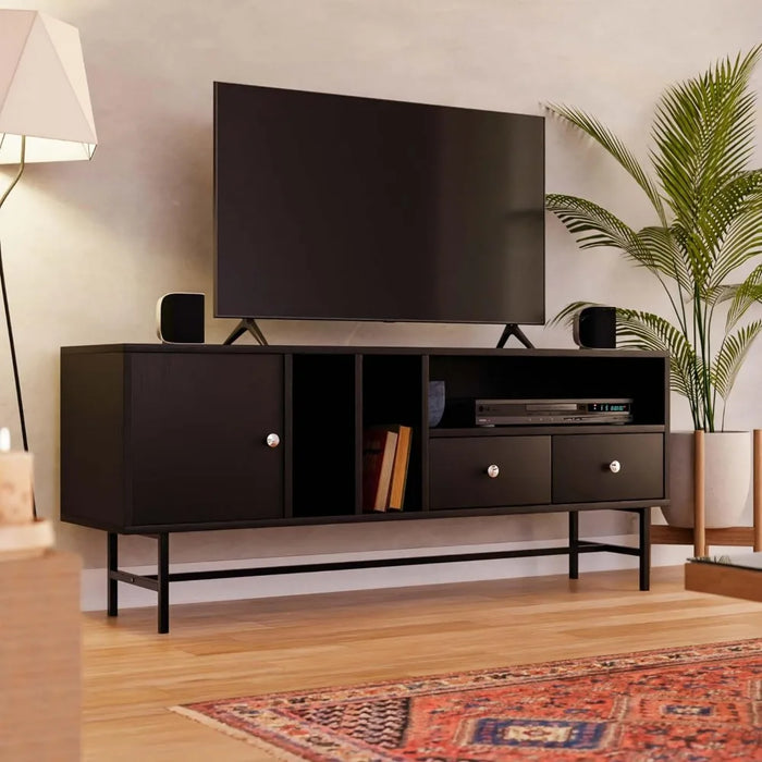 Mid-Century Modern Rectangular TV Stand With Enclosed Storage and Powder-coated Iron Legs Suitable for Living Room and Bedroom