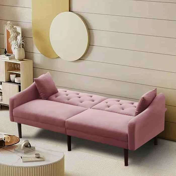 Convertible Sleeper Futon Sofa with 2 Pillows, Velvet Tufted Sofa with Metal Legs and Adjustable Backrest