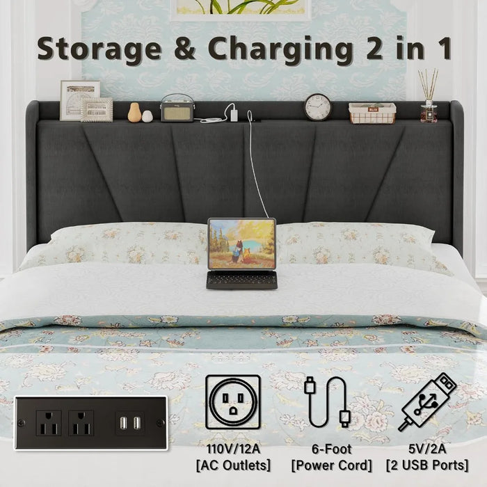 King Bed Frame and Upholstered Headboard, Platform Bed with Storage Drawers and Outlets, Sturdy, Noiseless, No Box Spring Needed