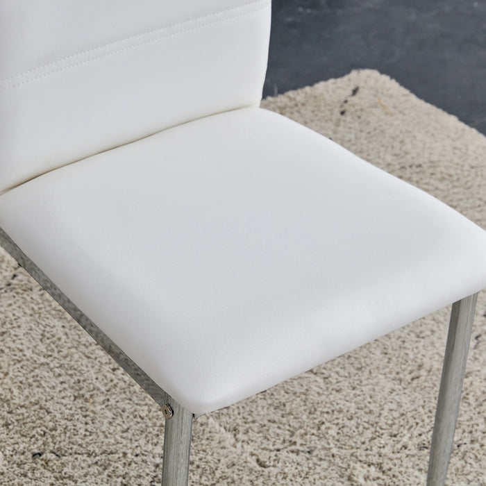 1 table and 6 white chairs, table and chair set. Glass dining table, 0.4 inch thick transparent tempered glass tabletop and silv