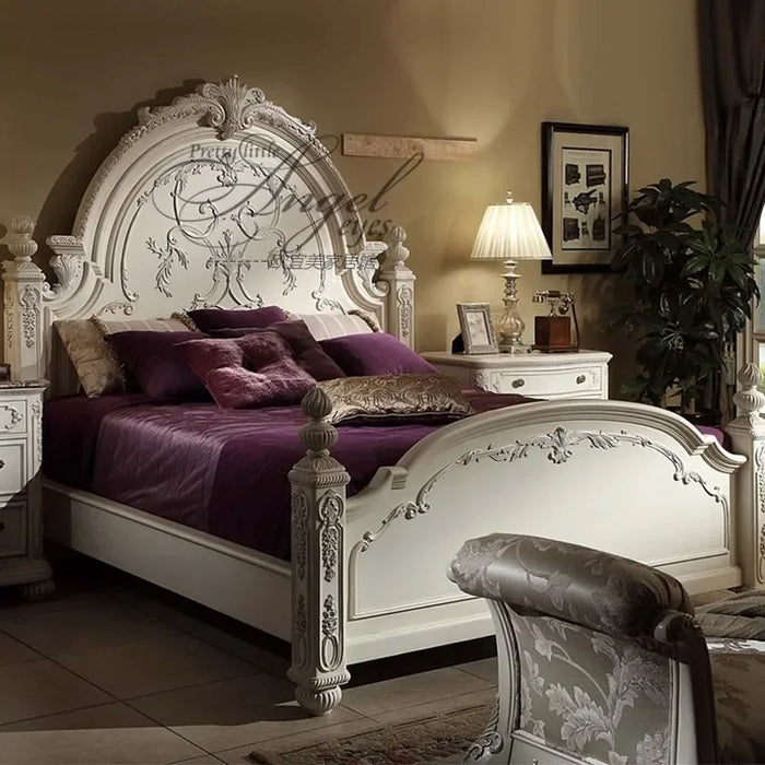 American luxury solid wood carved bed French antique old bedroom double bed