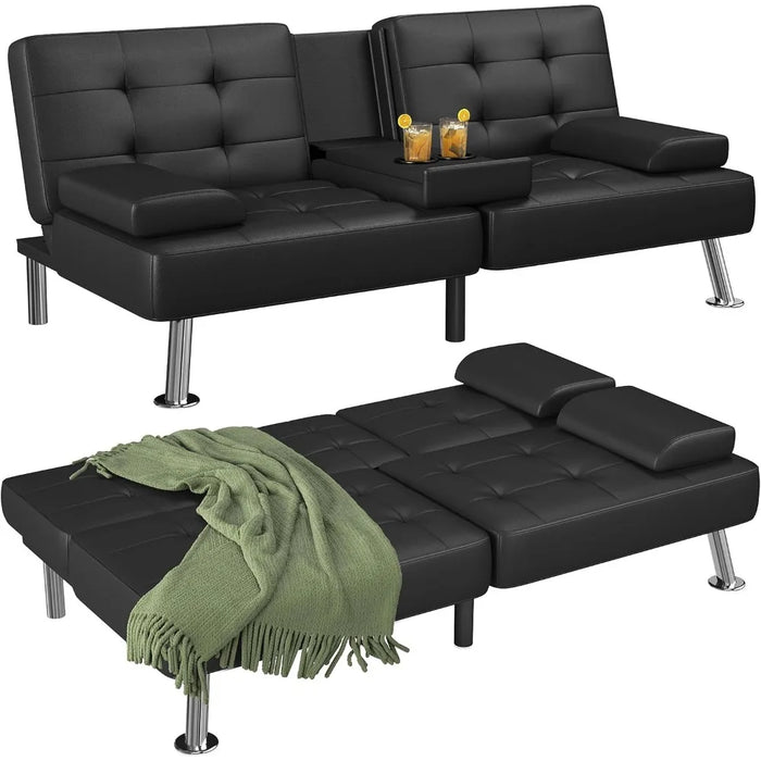 Futon Sofa Bed Modern Faux Leather Couch, Convertible Folding Futon Couch Recliner Lounge  with 2 Cup Holders with Armrest