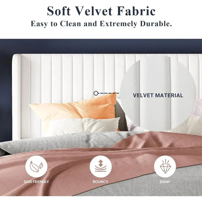 Bed FrameVelvet Bed Frame vertical groove tufted wing back headboard padded platform bed no springs required sturdy wooden slats
