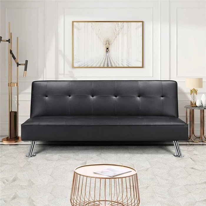 2023 New Easyfashion Convertible Black Faux Leather Futon Sofa Bed, Black