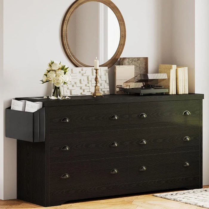 Dressing table with 6 drawers and charging station, suitable for bedroom storage box, with MDF board, black dressing table