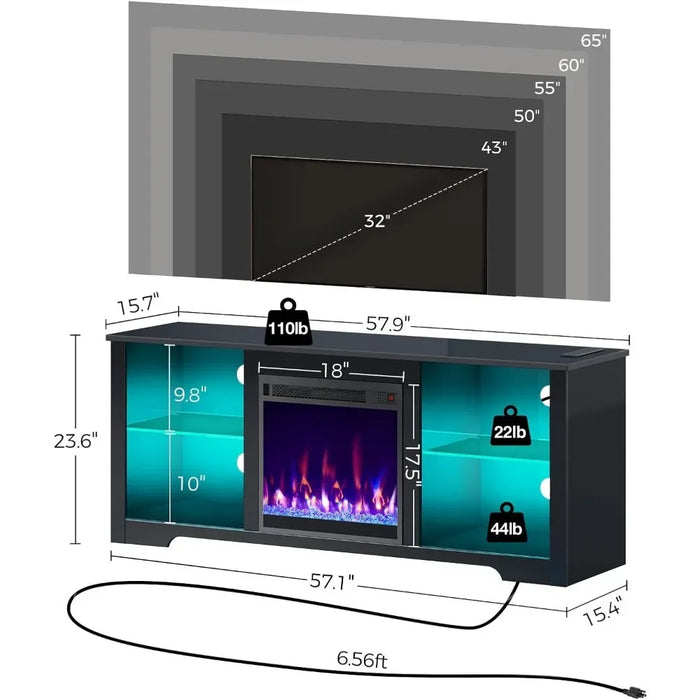Modern TV Console With Glass Shelves Tv Stand Living Room Furniture Entertainment Center With Electric Fireplace Glossy Black