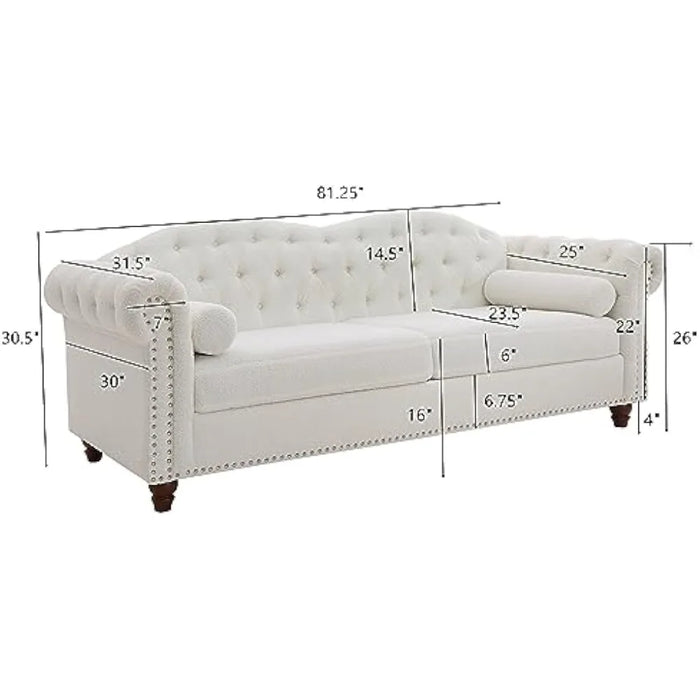 81" Modern 3-Seater Couches for Living Room, Classic Upholstered Button Tufted Deep Seat Sofas with Pillows, Teddy White