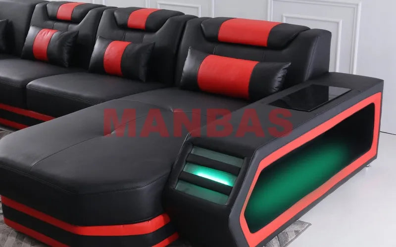 MANBAS Italian Genuine Leather Sectional Sofa with LED Lights | Futuristic Furniture U Shape Couch Living Room Big Sofas Set