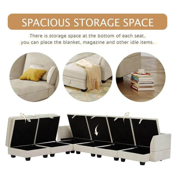 U Sectional Sofa with Storage Seat and Removable Cushions, Beige, 6 Seat Convertible Couch Sleeper Bed, Living Room Sofas
