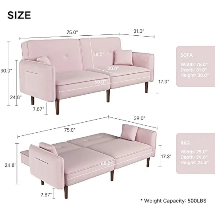 Leisure Velvet Futon Sofa Bed with Adjustable Back, Convertible Sleeper Couch Chaise with 2 Pockets, Upholstered Loveseat, Pink