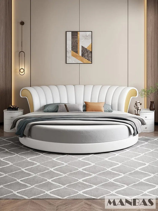 Upgrade Your Sleeping Experience with Linlamlim Round Leather Bed Frame Italian Genuine Leather Double Beds Lit 2 Personnes