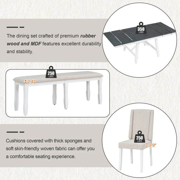 6-Piece Dining Table Set, Rectangular Extendable Dining Table with 2 Removable Leaves and 4 Chairs and 1 Bench,Gray/White