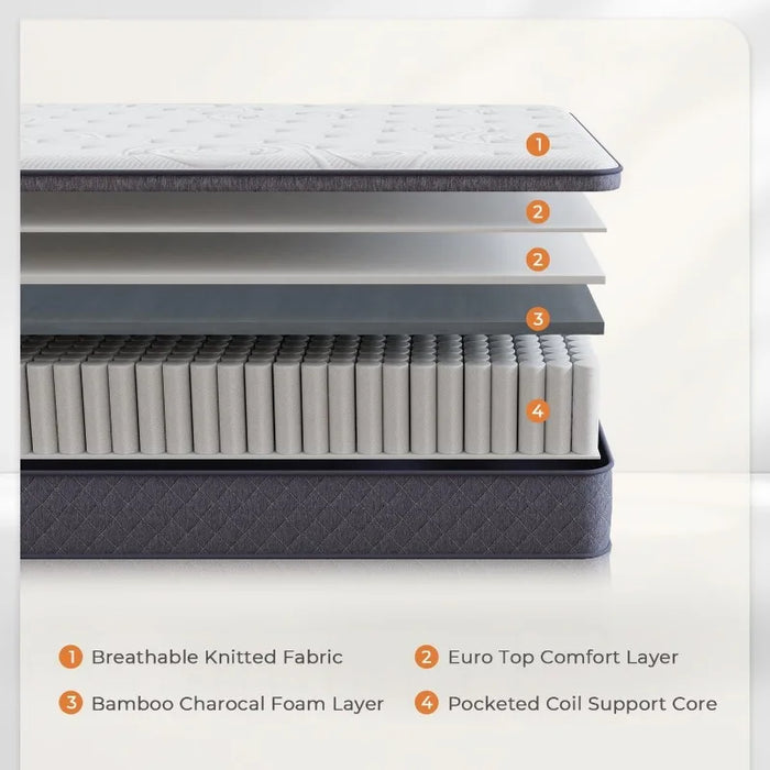 12 Inch Bed Mattress Bamboo Charcoal Foam Hybrid Queen Size Mattress with Pocketed Coils for Comfort Sleep and Balanced Support