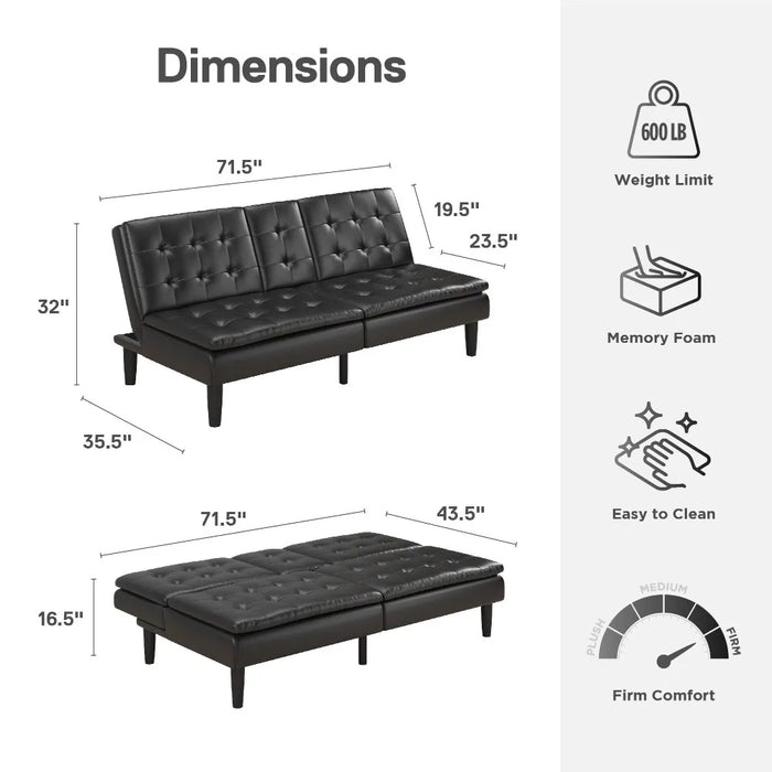 2024 New Memory Foam Futon Modern Sofa Couch with Cupholder and USB, Black Faux Leather