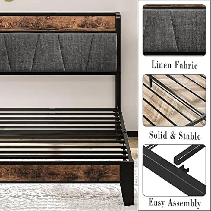 Twin Bed Frames, Storage Headboard with Charging Station, Solid and Stable, Noise Free, No Box Spring Needed, Easy Assembly
