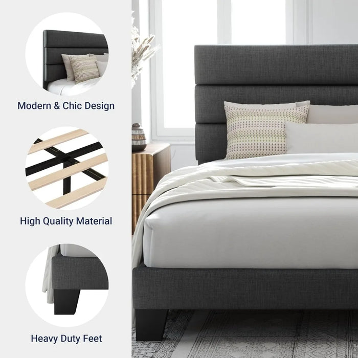 King Frame Platform Bed, Fabric upholstered headboard and wood slat support, Fully upholstered mattress base