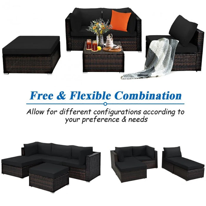 5 Pieces Patio Sectional Rattan Furniture Set with Ottoman Table Outdoor Living Room Sofa Set Leisure Sofa Chair Furniture