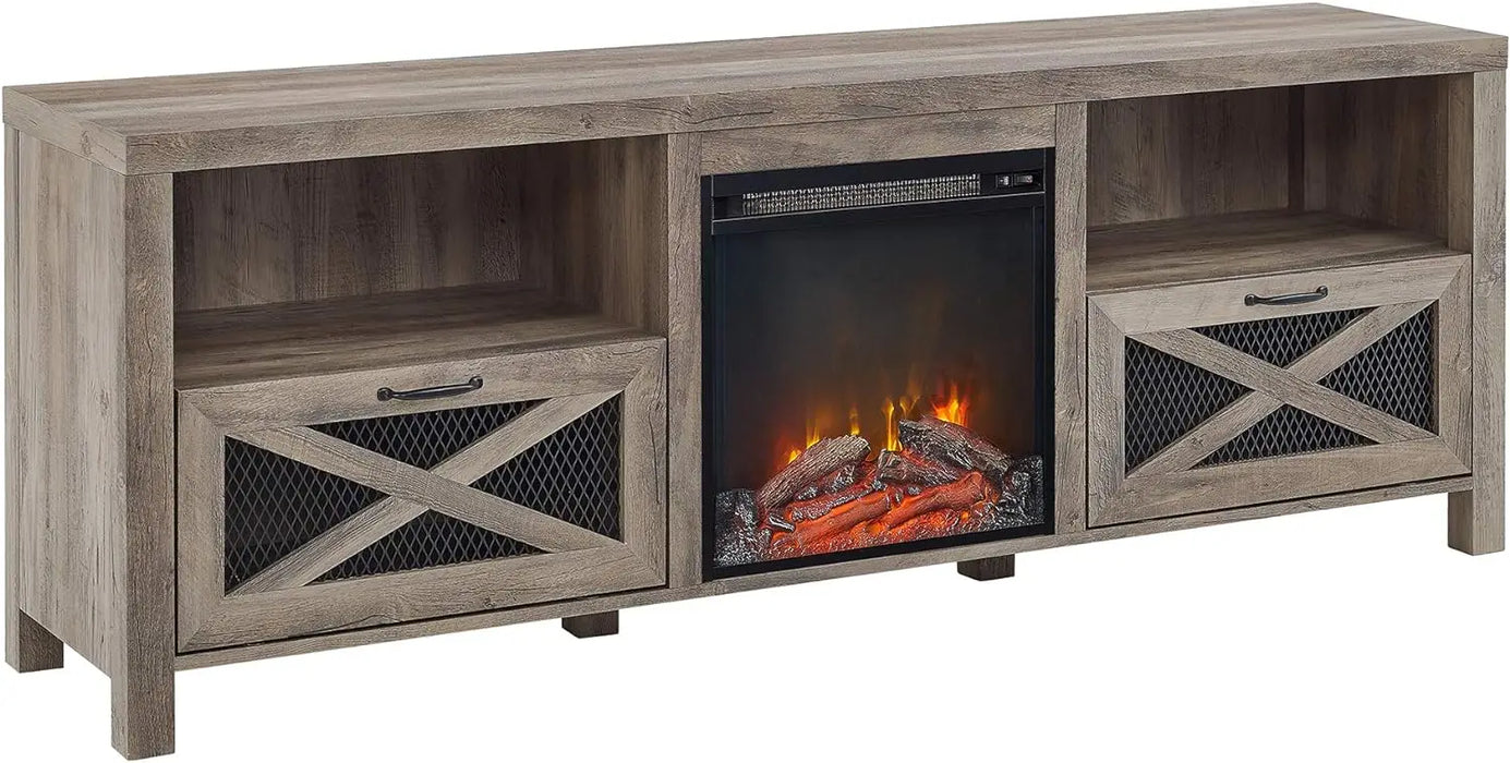 Metal Mesh and Wood Fireplace TV Stand for TVs up to 80 Inches, 70 Inch, Grey Wash
