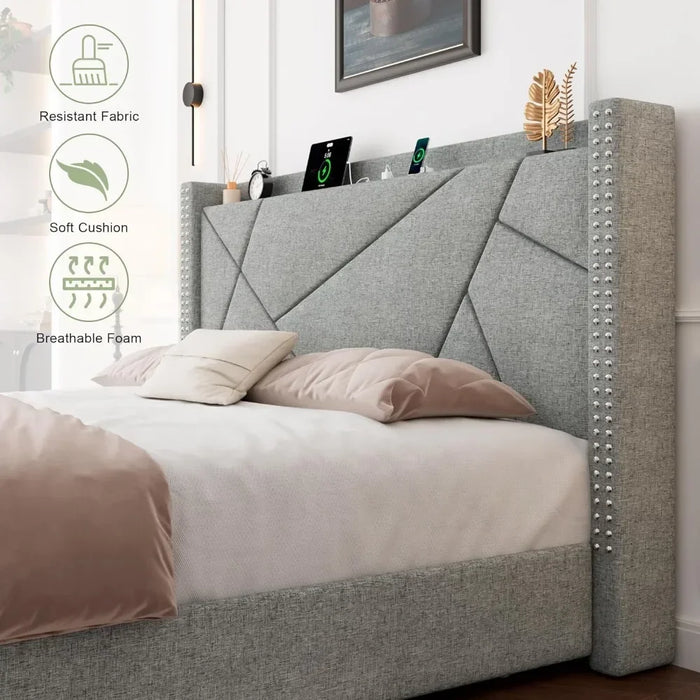 Bed frame with 4 storage drawers, upholstered platform bed frame, solid wood slats support, no need for box spring platform bed