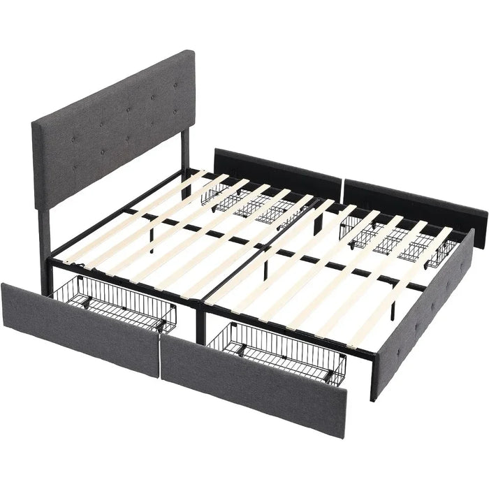 Upholstered Bed Frame Full Size with 4 Storage Drawers and Button Tufted Headboard, Comfort Adjustable Mattress Height
