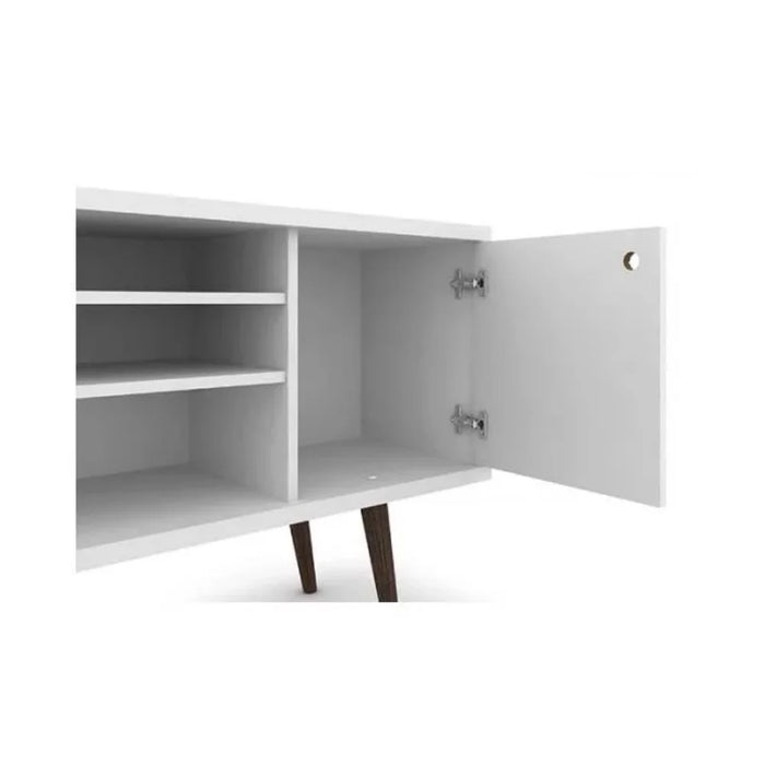 BOUSSAC 53.14" Mid Century - Modern TV Stand with 5 Shelves and 1 Door with Solid Wood Legs, White
