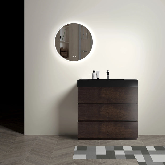 36" Walnut Bathroom Vanity with Sink, Large Storage Freestanding Bathroom Vanity for Modern Bathroom, One-Piece Black Sink Basin