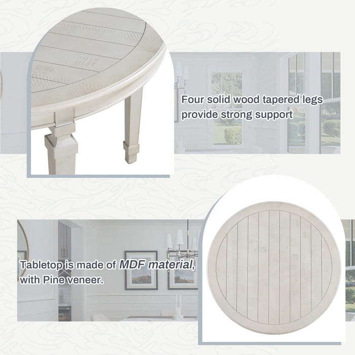 5-Piece Dining Table Set, Round Table with Solid Wood legs and 4 Upholstered Chairs with Striped Fabric for Dining Room (White)