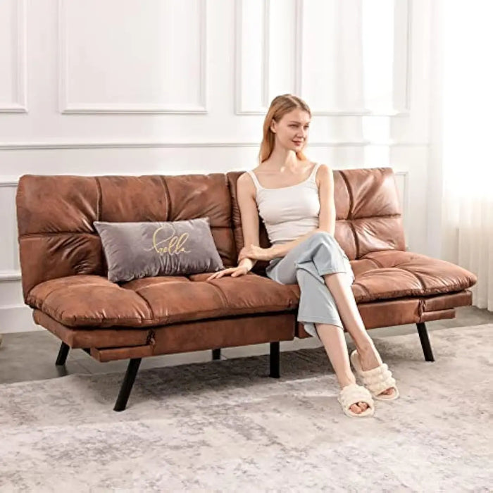 Futon Sofa Bed,Lounge Memory Foam Sleeper Couch Room,Convertible Loveseat 71"-Brown-Faux Leather-Thicker versio, 713331.5